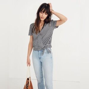 Madewell Black and White Gingham Wrap Top Small
